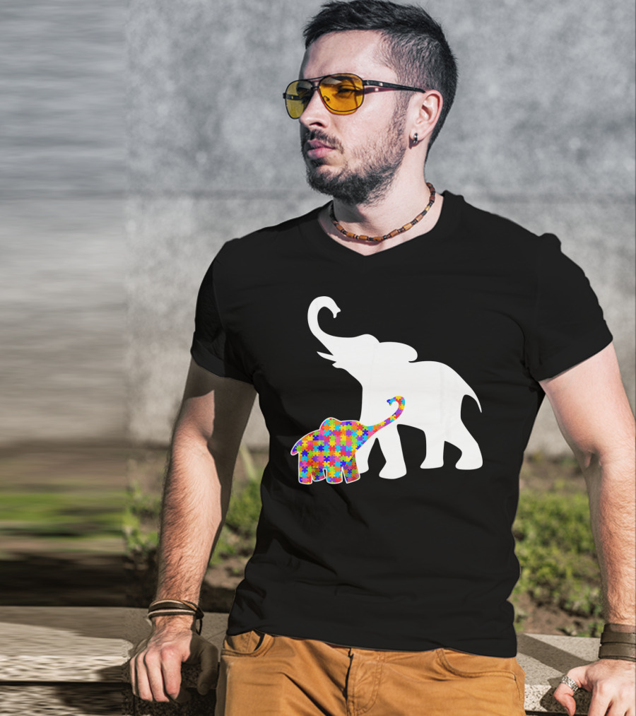 Elephant Autism Awareness Puzzle Pattern Support T-Shirt