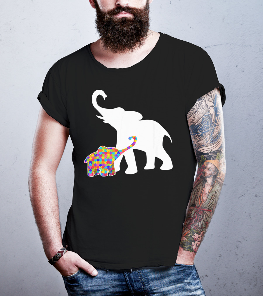 Elephant Autism Awareness Puzzle Pattern Support T-Shirt