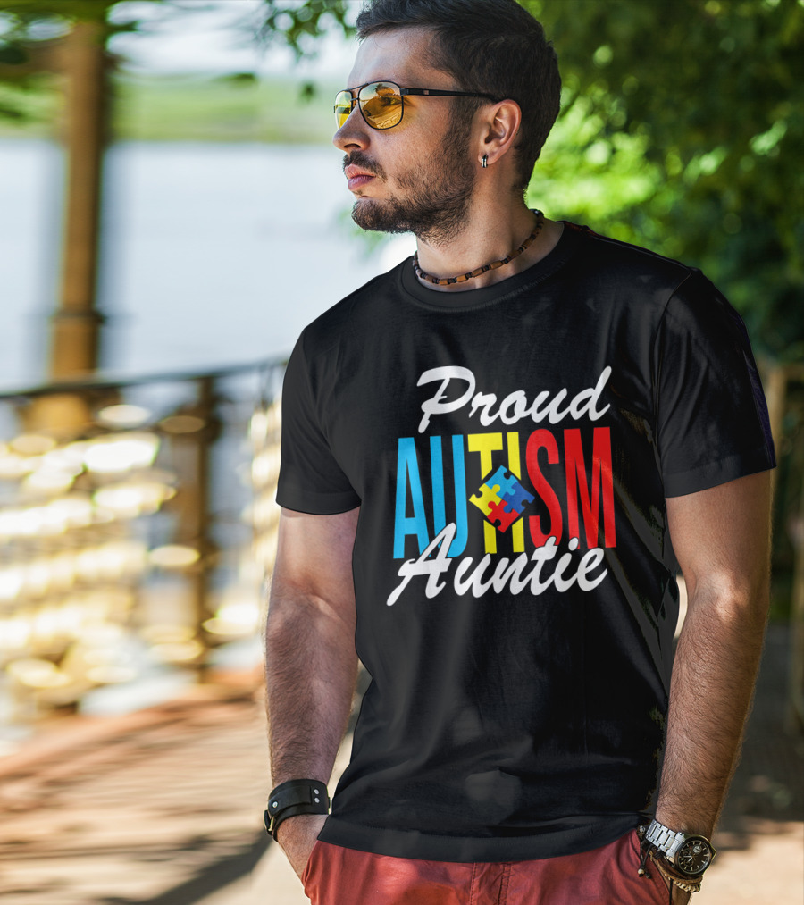 Proud Autism Auntie Puzzle Piece Awareness Support T-Shirt