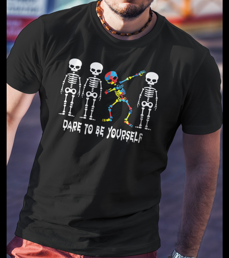 Dare To Be Yourself Heart Kids Dab Skeleton Autism T-Shirt