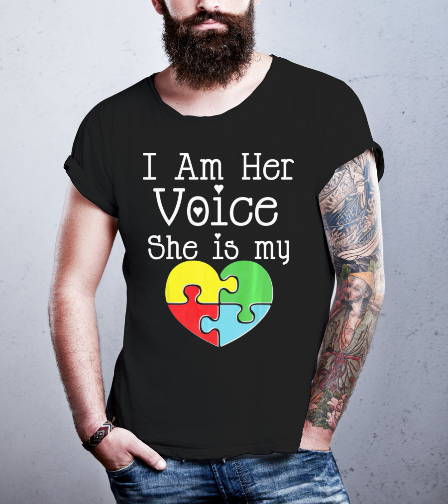 I Am Her Voice She Is My Heart Autism Puzzle Heart T-Shirt