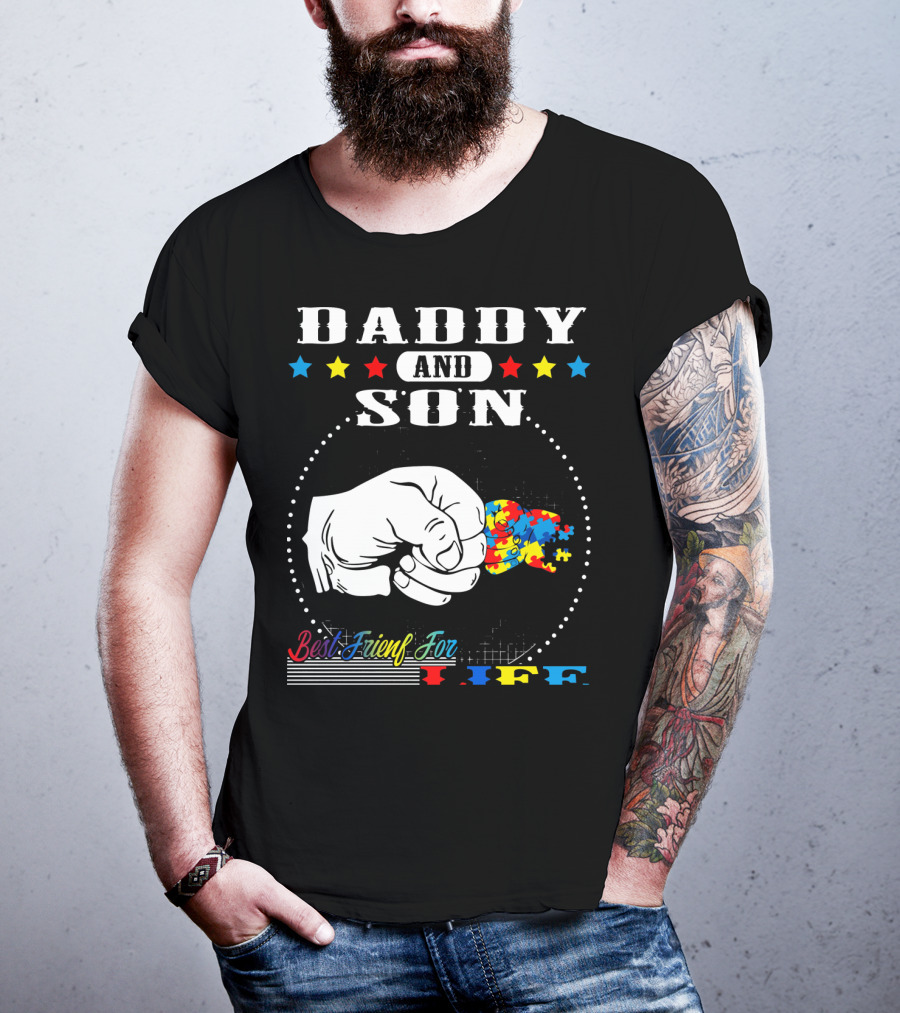 Daddy And Son Best Friends For Life Autism Awareness Puzzle Fist Bump T-Shirt