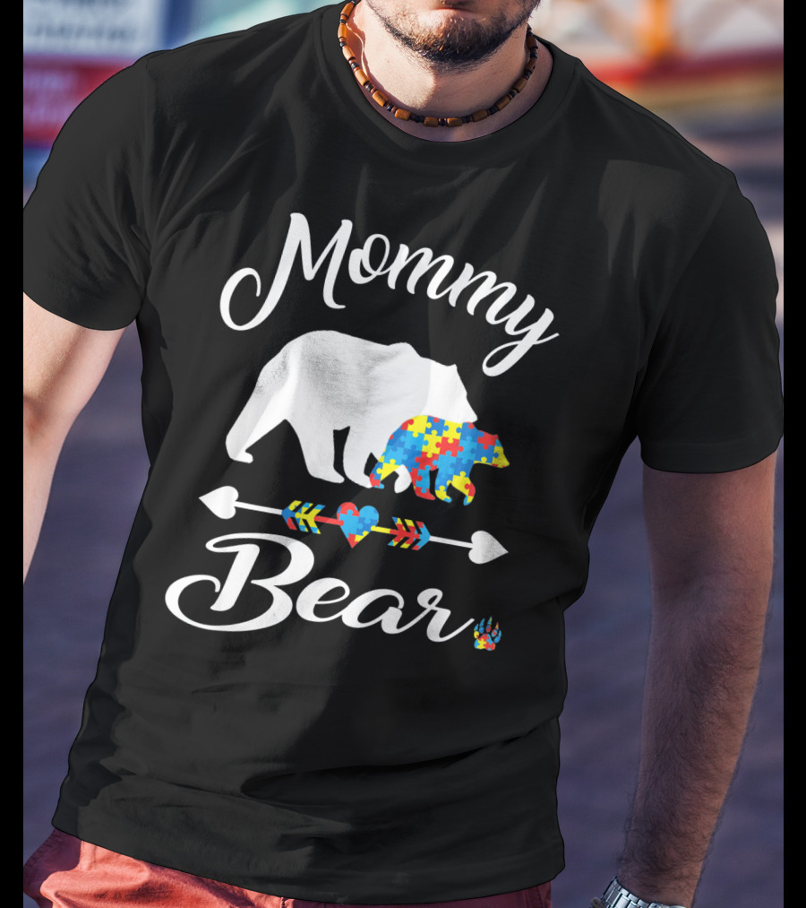 Mommy Bear Autism Awareness Puzzle Pattern Heart T-Shirt