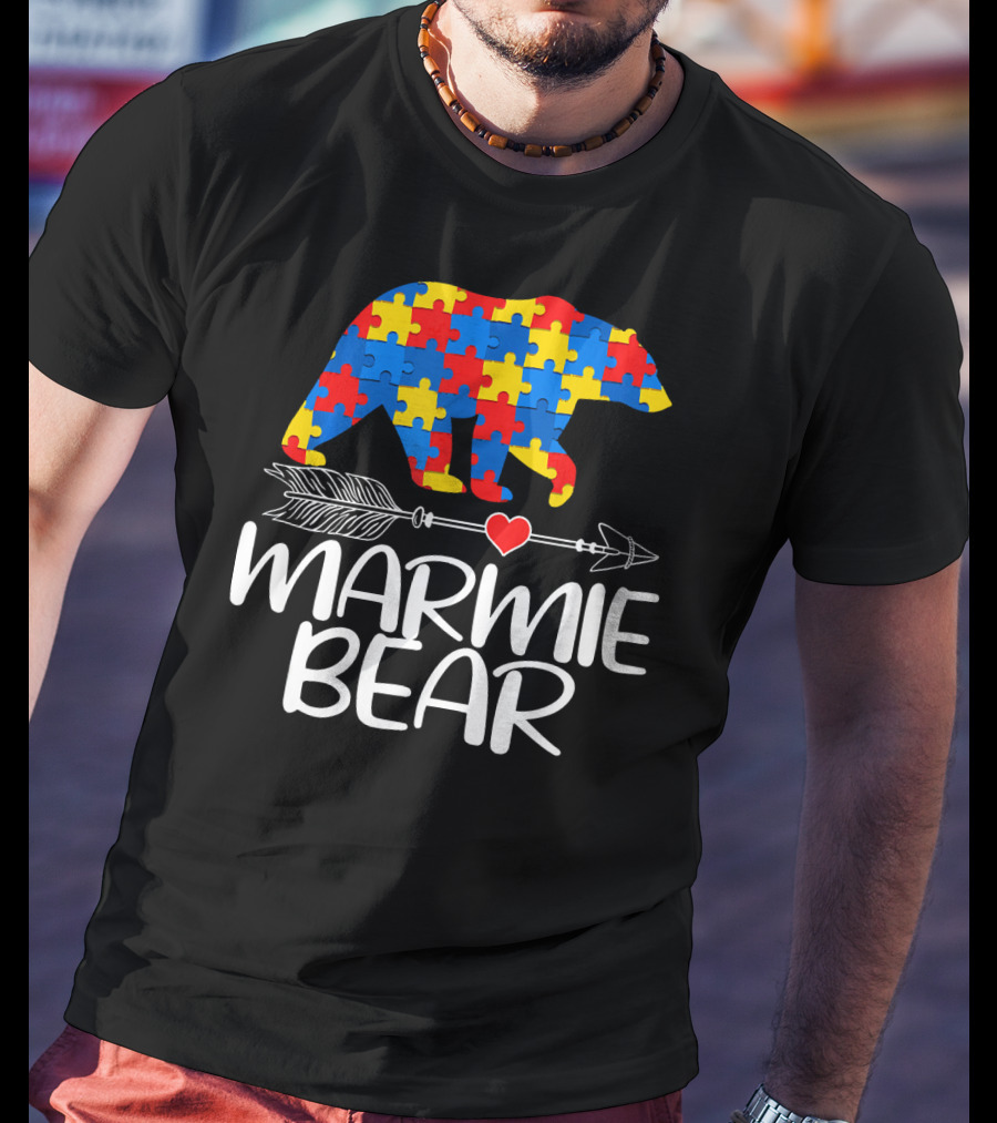 Marmie Bear Autism Awareness Puzzle Heart Arrow T-Shirt