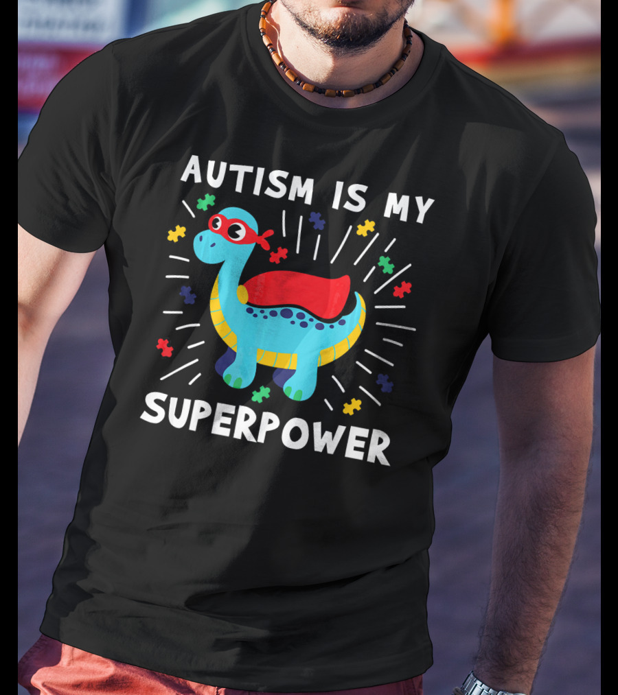 Autism Is My Superpower Dinosaur With Puzzle Pieces And Hero Cape T-Shirt