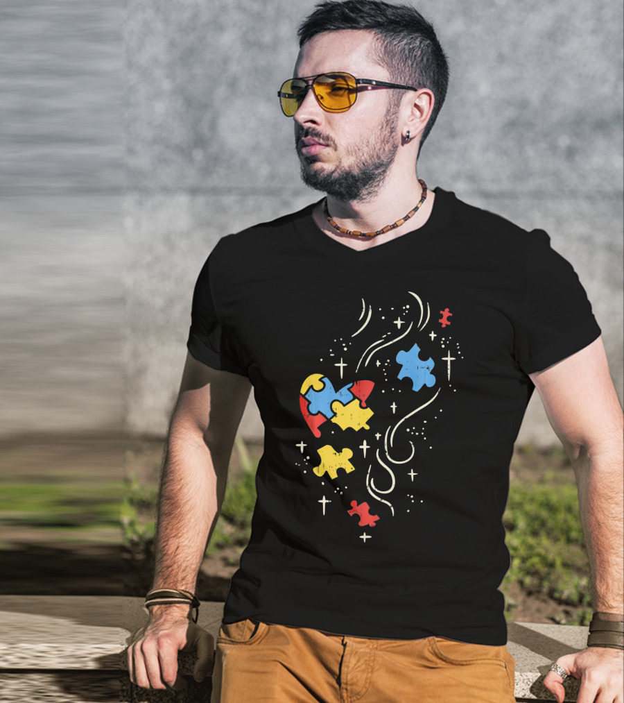 Autism Awareness Puzzle Ribbon Heart Crosses T-Shirt