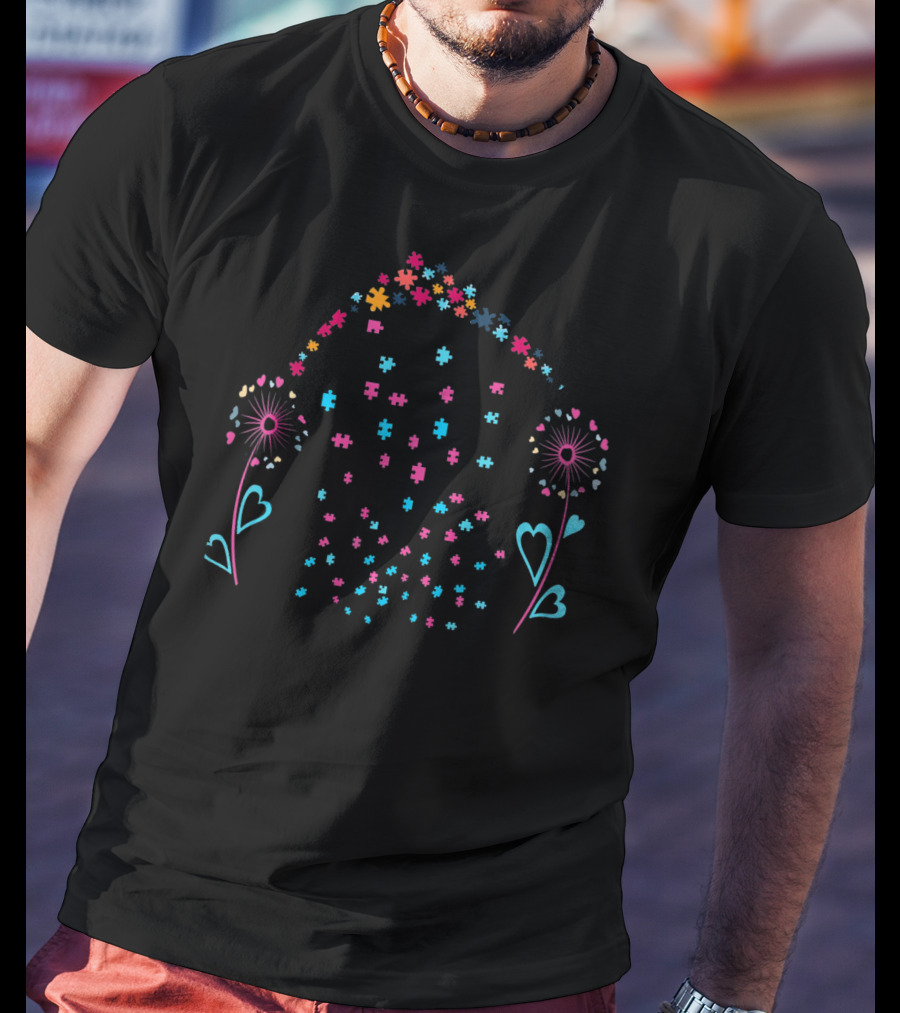 Dandelion Flower Puzzle Pieces Autism Heart T-Shirt
