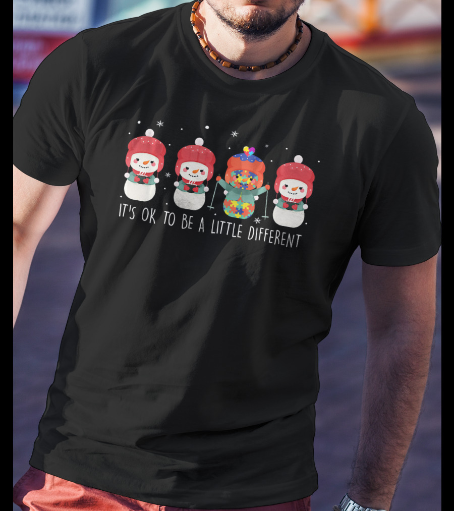 Snowman It's OK To Be A Little Different Autism Puzzle Piece Bowtie T-Shirt