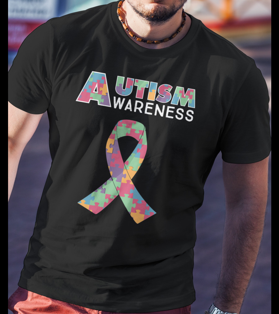Autism Awareness Puzzle Ribbon And Colored Lettering T-Shirt