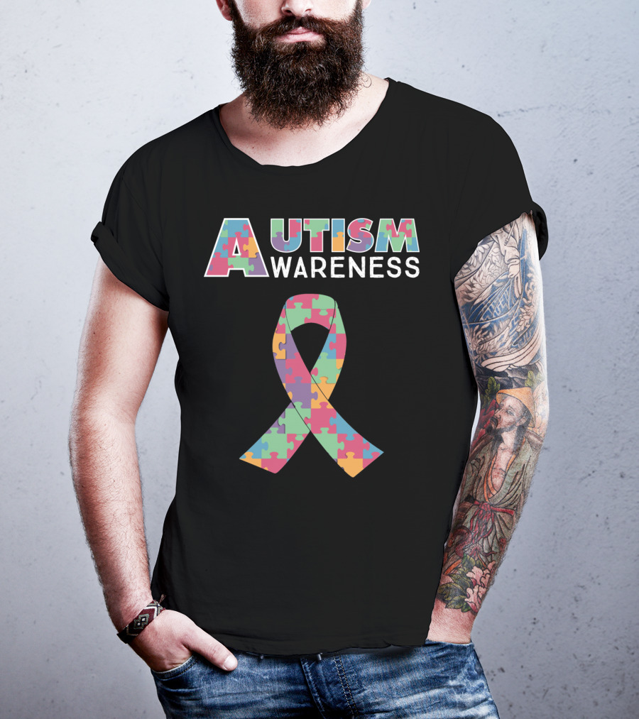 Autism Awareness Puzzle Ribbon And Colored Lettering T-Shirt