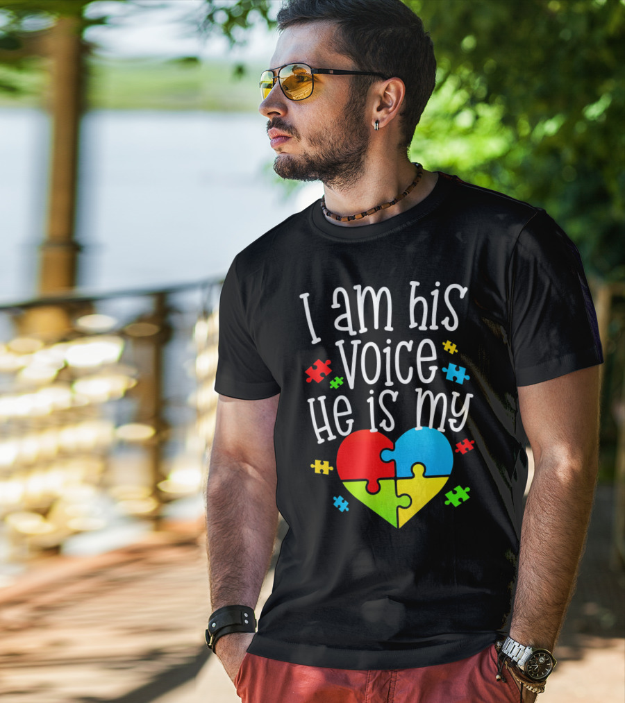 I Am His Voice He Is My Heart Autism Puzzle Pieces T-Shirt