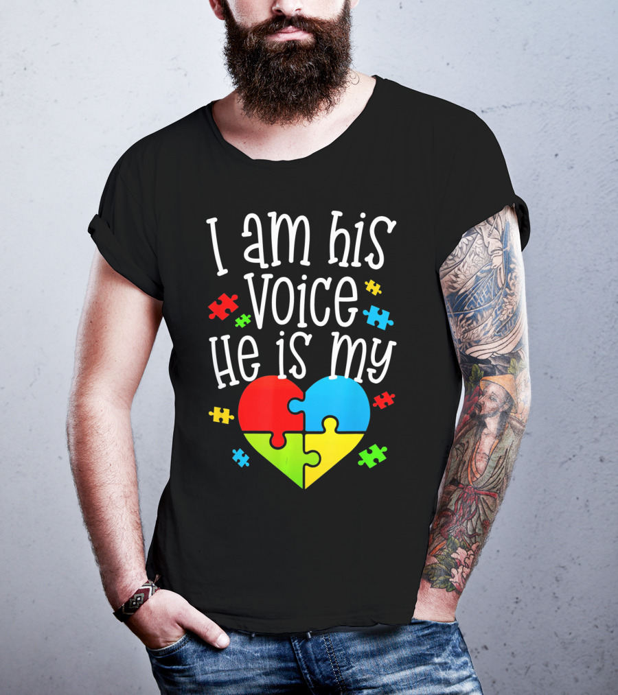 I Am His Voice He Is My Heart Autism Puzzle Pieces T-Shirt