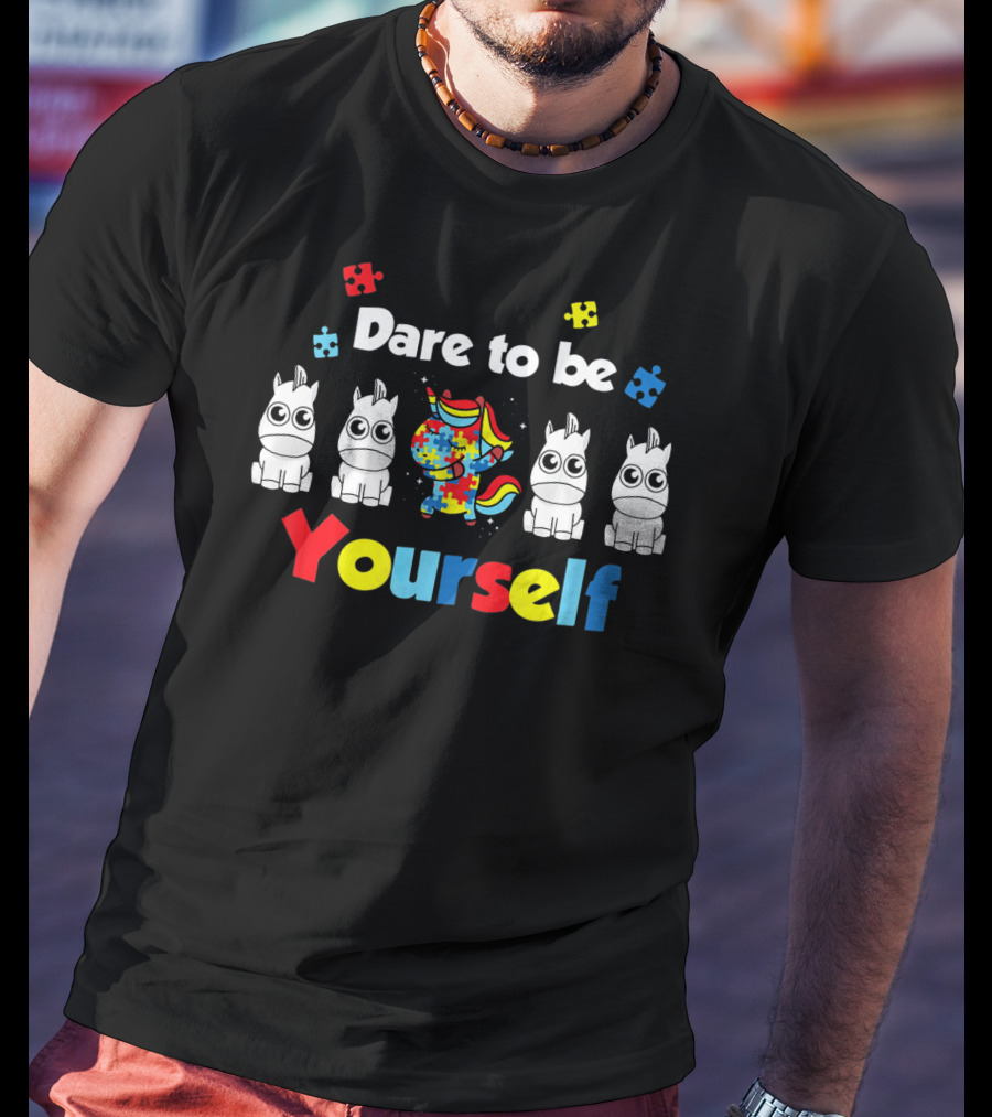 Dare To Be Yourself Unicorn Dabbing Autism Puzzle Pieces T-Shirt