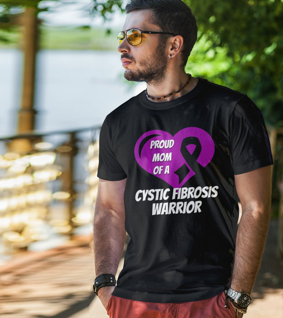 Proud Mom Of A Cystic Fibrosis Warrior Purple Ribbon Heart T-Shirt