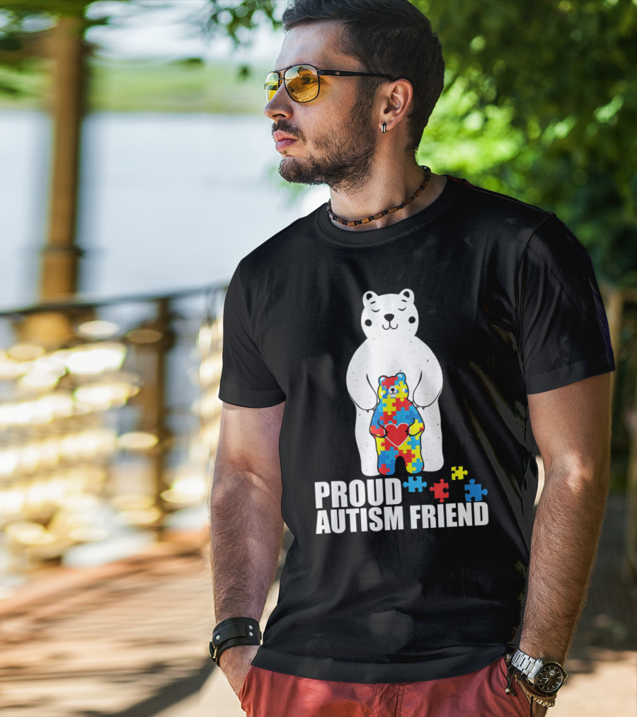 Proud Autism Friend Bear With Colorful Puzzle Pieces T-Shirt