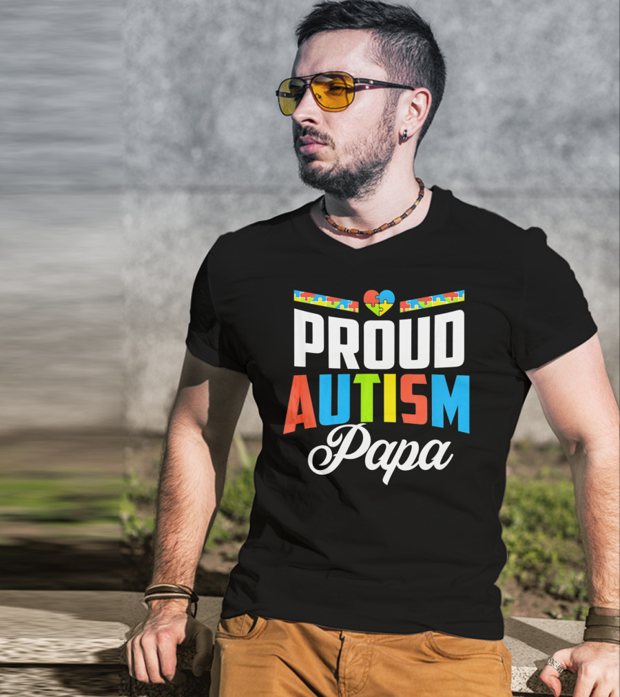 Proud Autism Papa Puzzle Heart Awareness Support T-Shirt