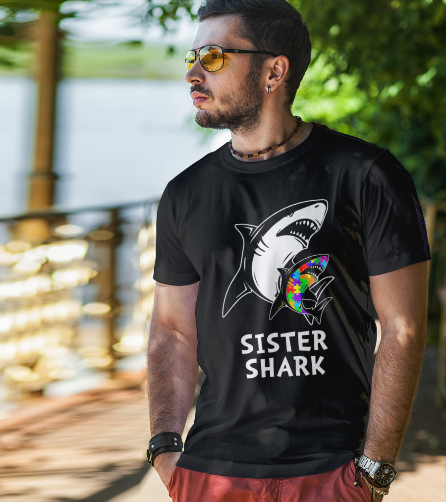Sister Shark Autism Awareness Puzzle T-Shirt