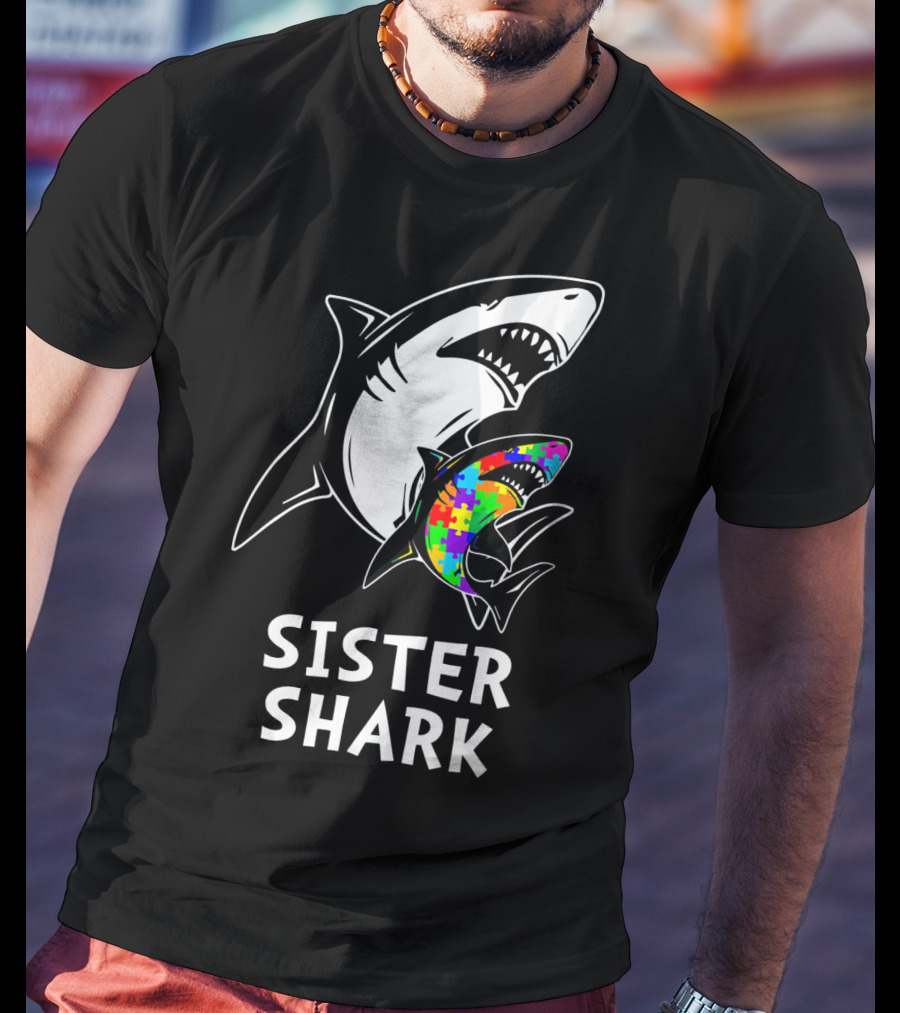 Sister Shark Autism Awareness Puzzle T-Shirt