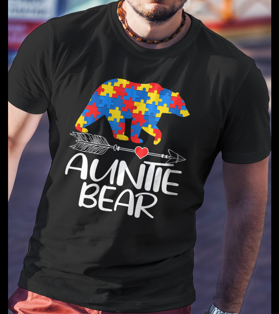 Autism Awareness Auntie Bear Puzzle Heart Arrow T-Shirt