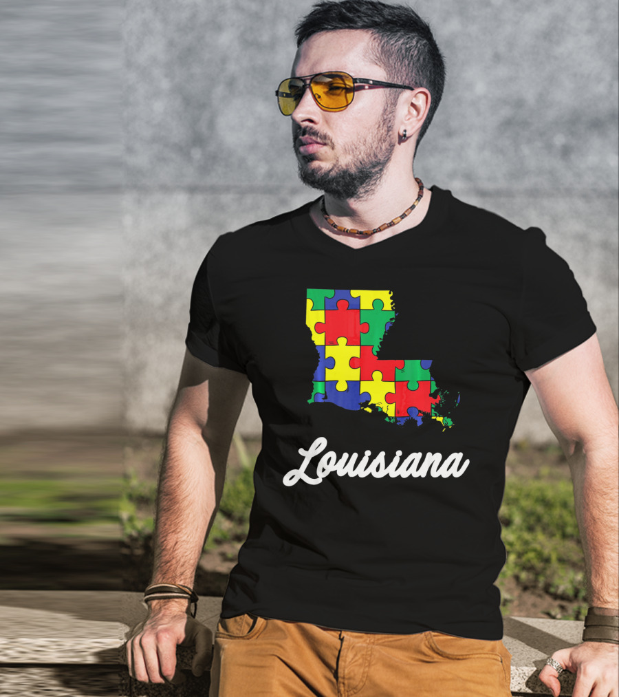 Autism Awareness Puzzle Map Louisiana T-Shirt