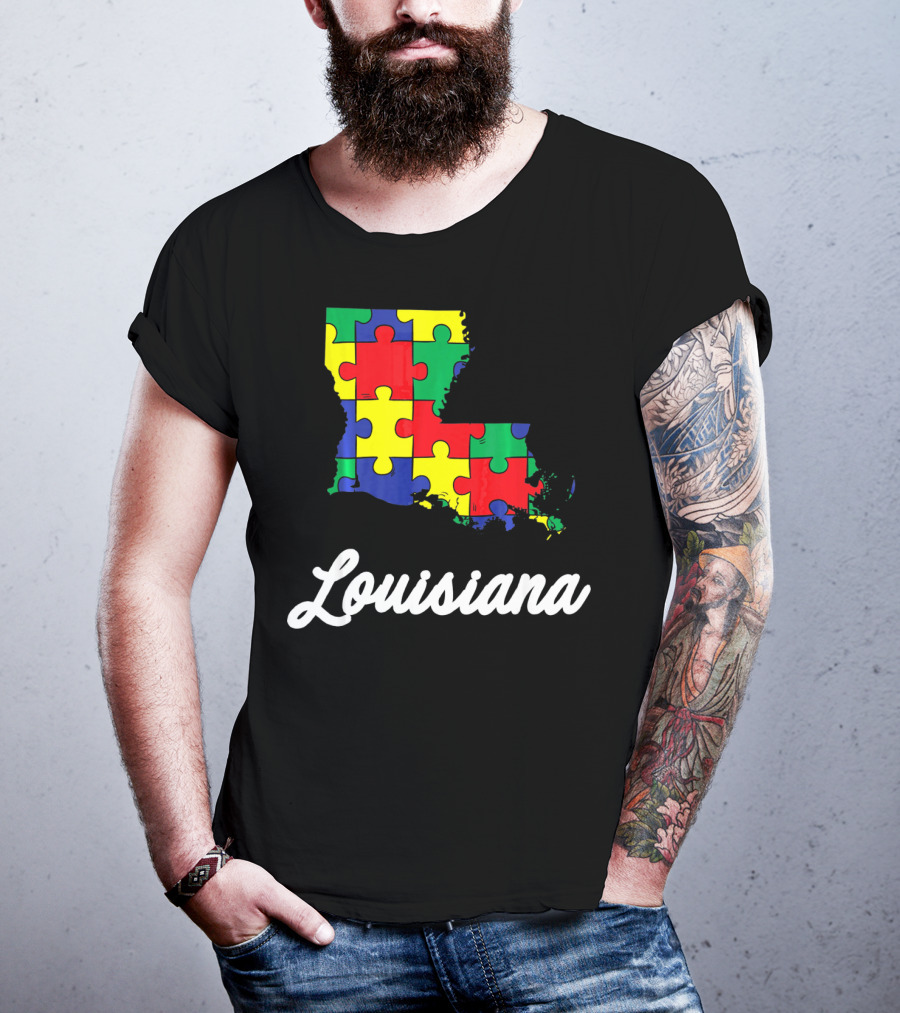 Autism Awareness Puzzle Map Louisiana T-Shirt