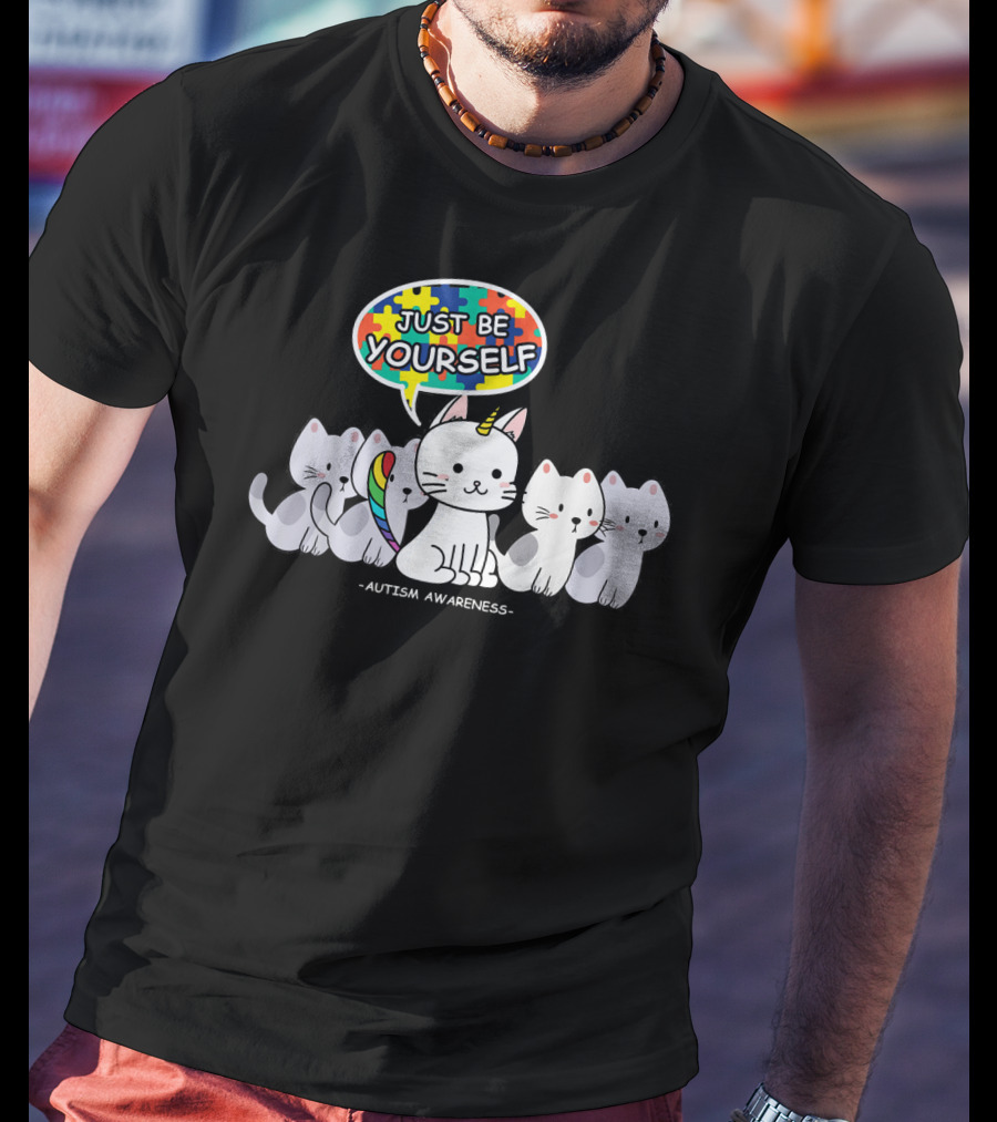 Autism Awareness Just Be Yourself Cat Unicorn With Puzzle T-Shirt