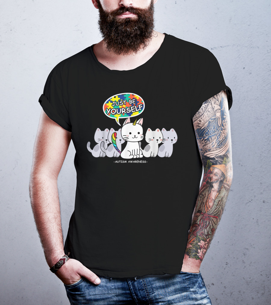 Autism Awareness Just Be Yourself Cat Unicorn With Puzzle T-Shirt
