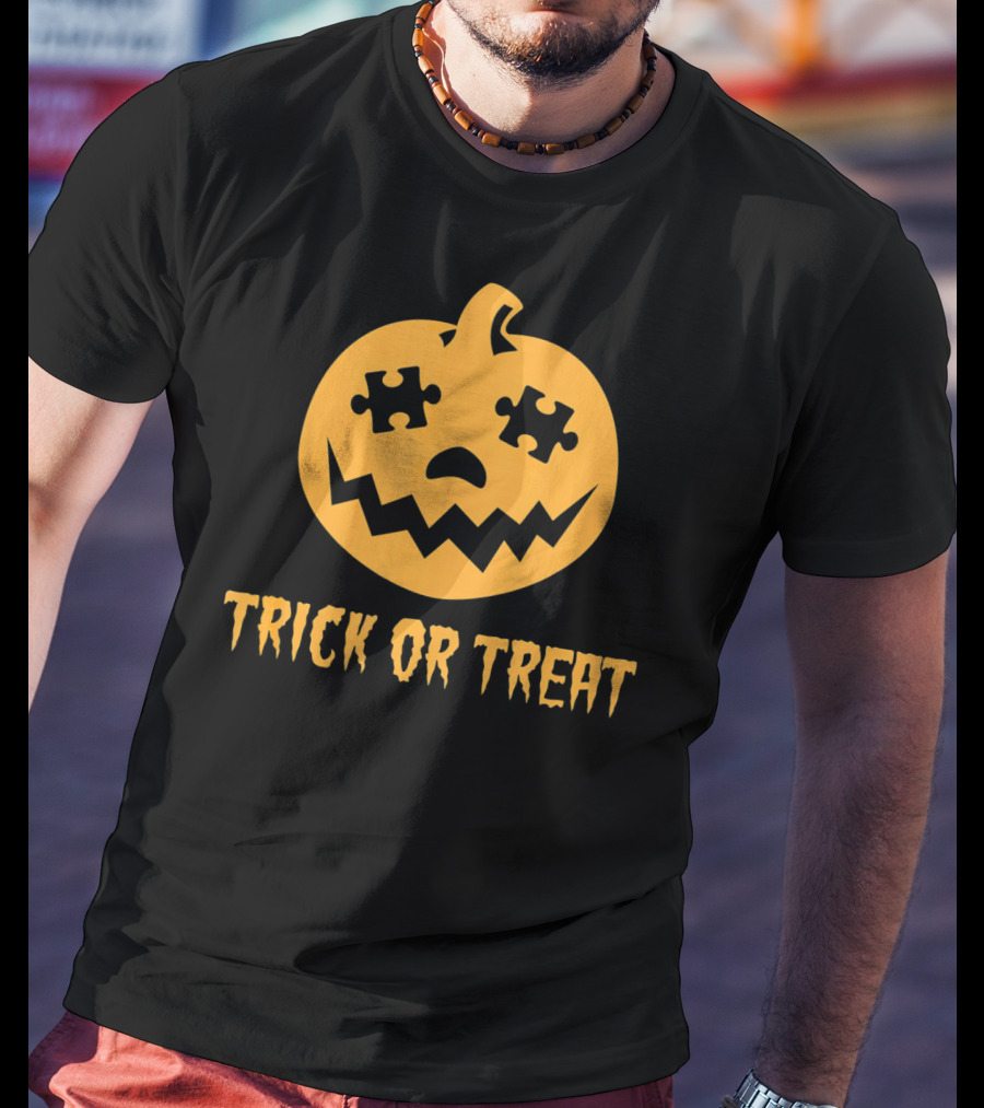 Trick Or Treat Halloween Autism Awareness Pumpkin Puzzle T-Shirt