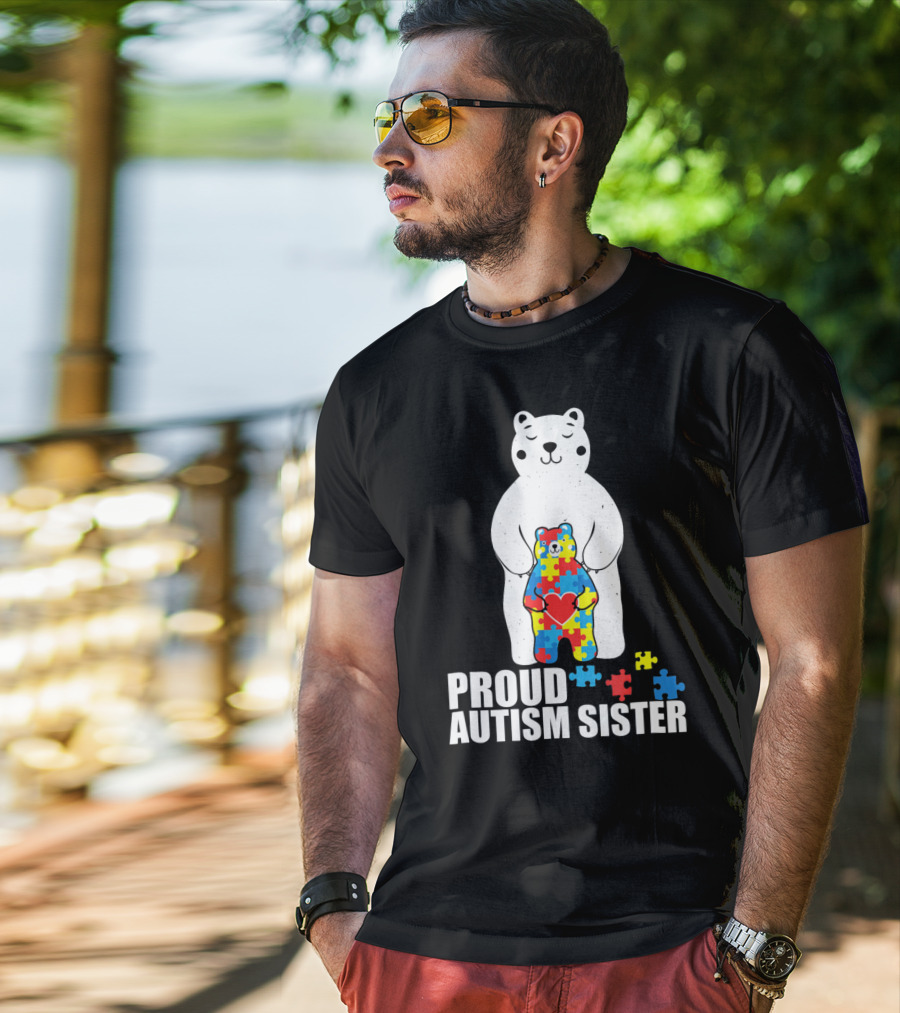 Proud Autism Sister Bear Puzzle Heart Multicolor T-Shirt
