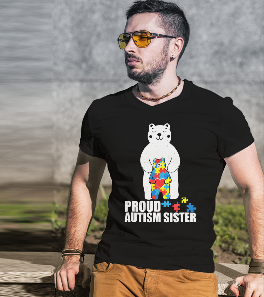 Proud Autism Sister Bear Puzzle Heart Multicolor T-Shirt