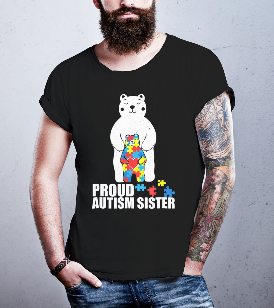 Proud Autism Sister Bear Puzzle Heart Multicolor T-Shirt
