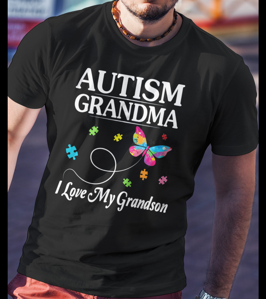 Autism Grandma I Love My Grandson Butterfly Puzzle Pieces T-Shirt