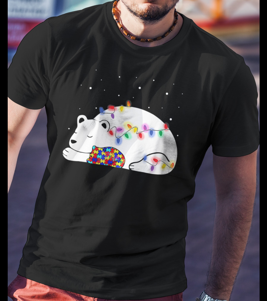 Autism Awareness Mama Bear Christmas Lights Puzzle T-Shirt
