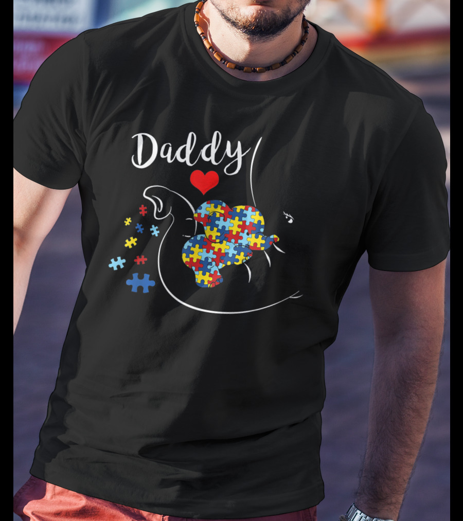 Daddy Elephant With Autism Awareness Puzzle Heart T-Shirt