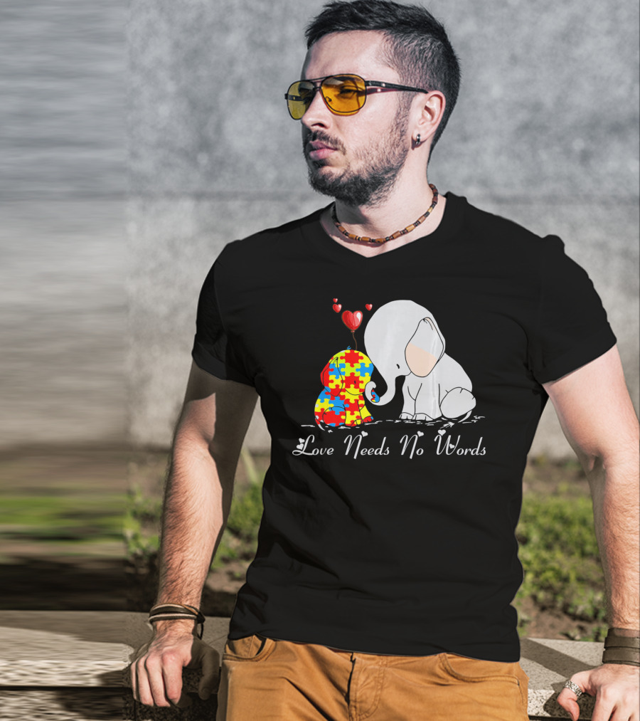 Love Needs No Words Autism Awareness Elephant Puzzle Hearts T-Shirt