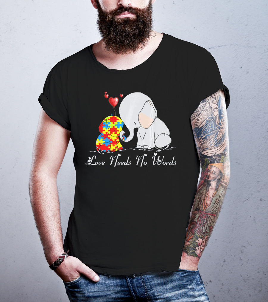Love Needs No Words Autism Awareness Elephant Puzzle Hearts T-Shirt