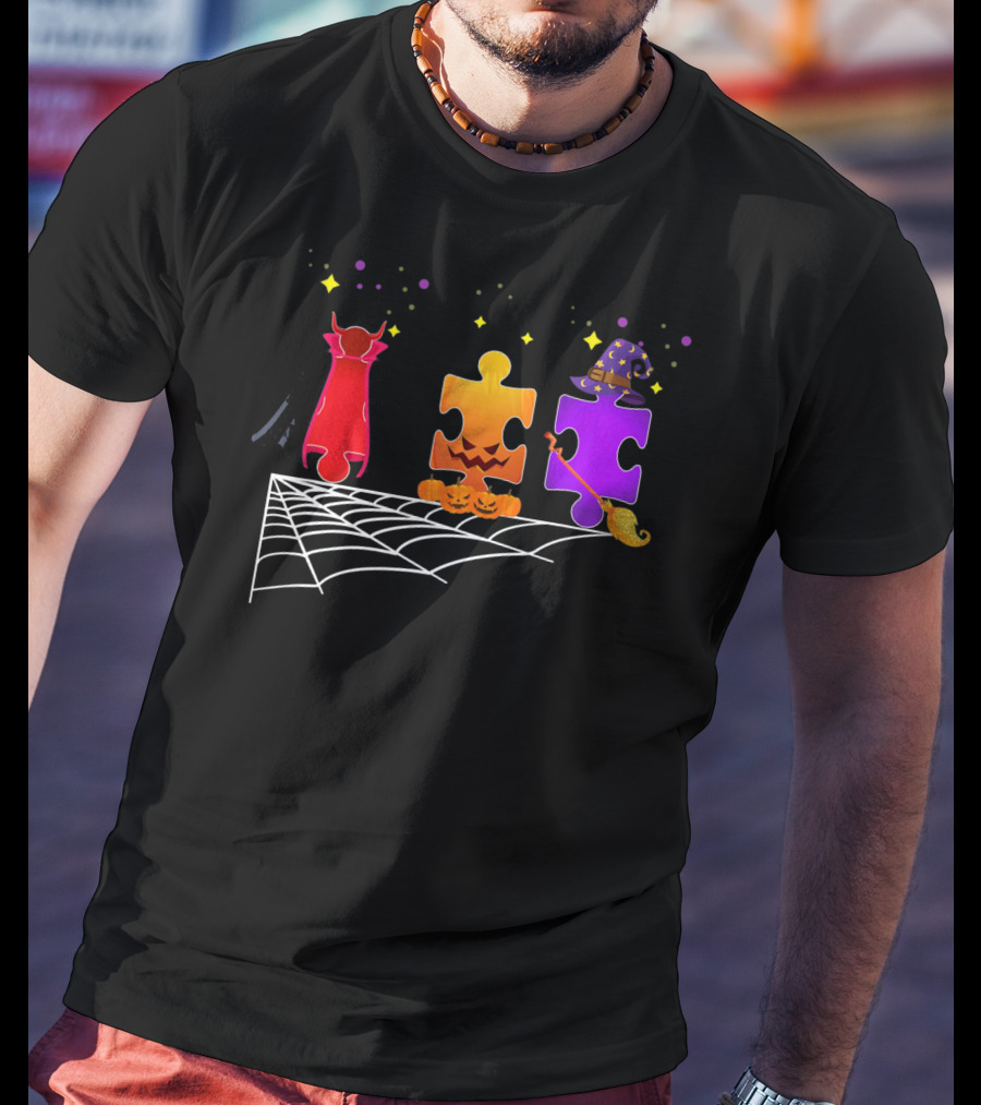 Autism Puzzle Pieces Halloween Witch And Vampire T-Shirt