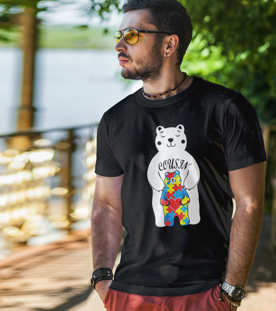 Cousin Bear Holding Autism Awareness Puzzle Heart ASD T-Shirt