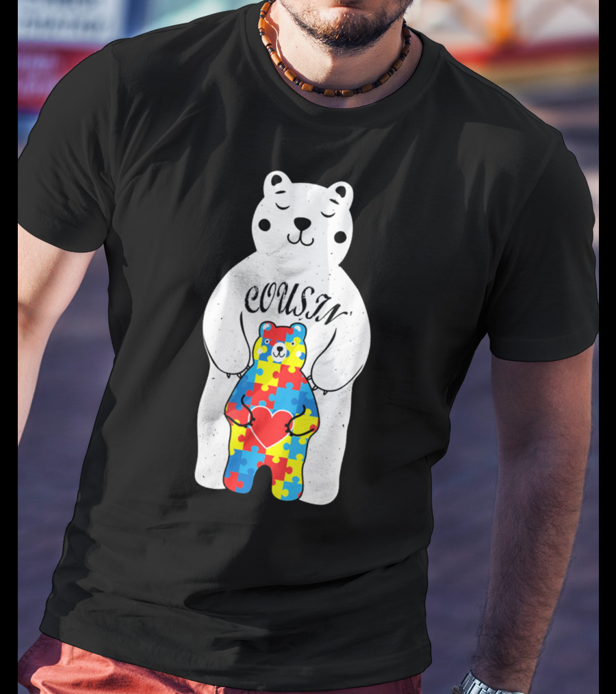Cousin Bear Holding Autism Awareness Puzzle Heart ASD T-Shirt