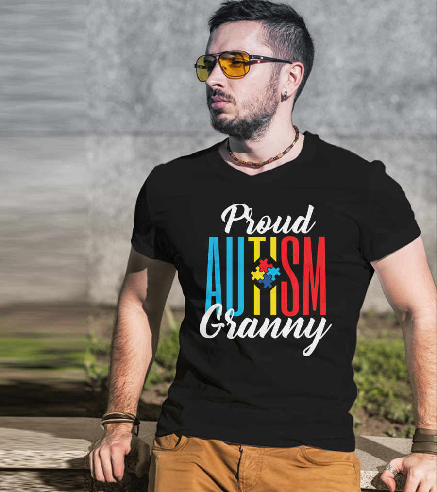 Proud Autism Granny With Colorful Puzzle Awareness T-Shirt