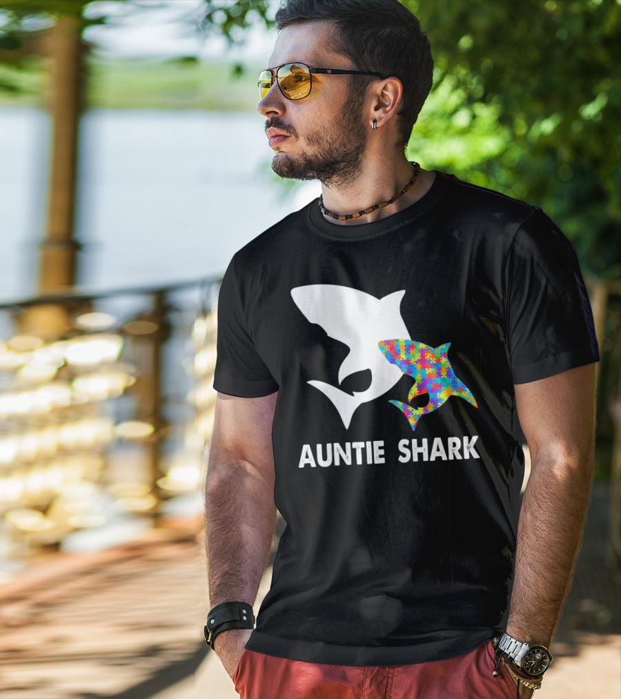 Auntie Shark Autism Puzzle Piece Warrior T-Shirt