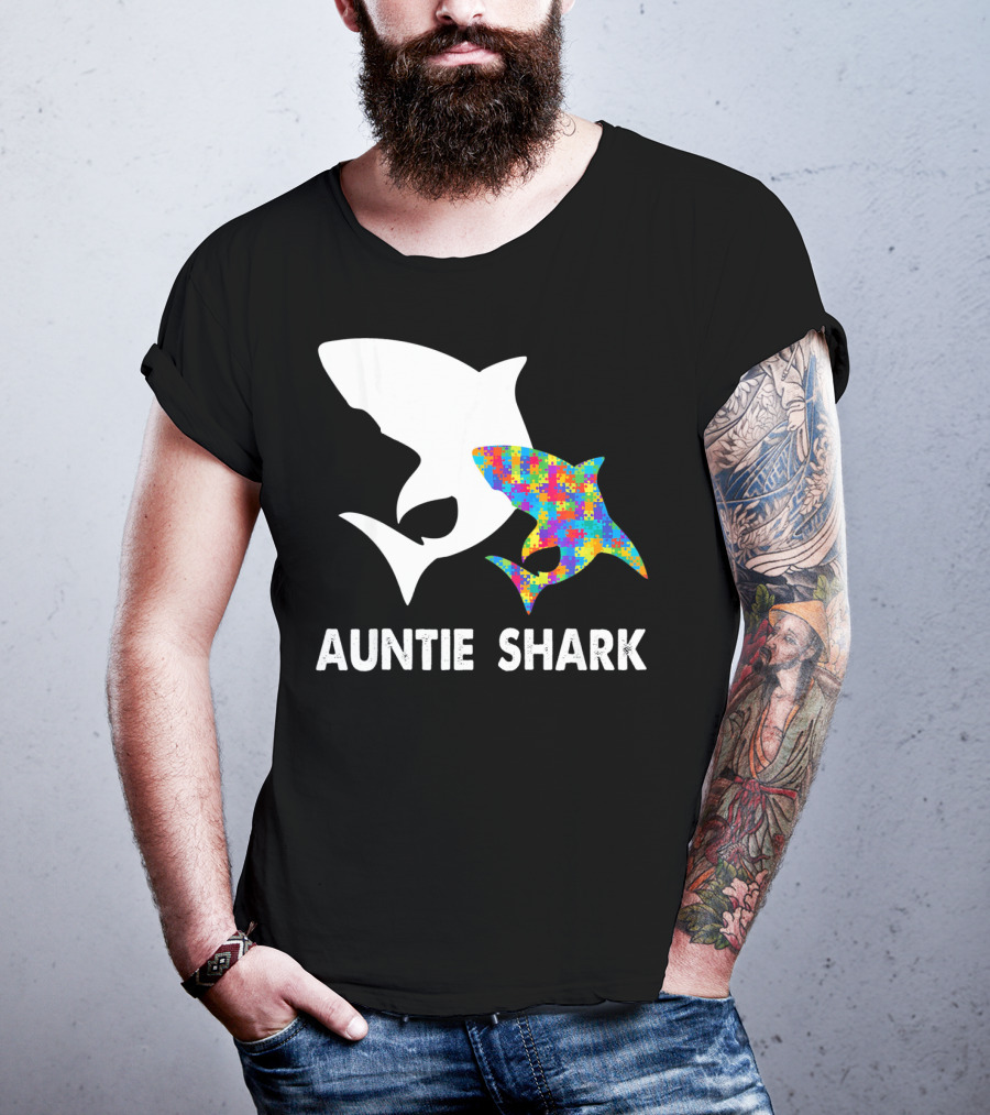 Auntie Shark Autism Puzzle Piece Warrior T-Shirt