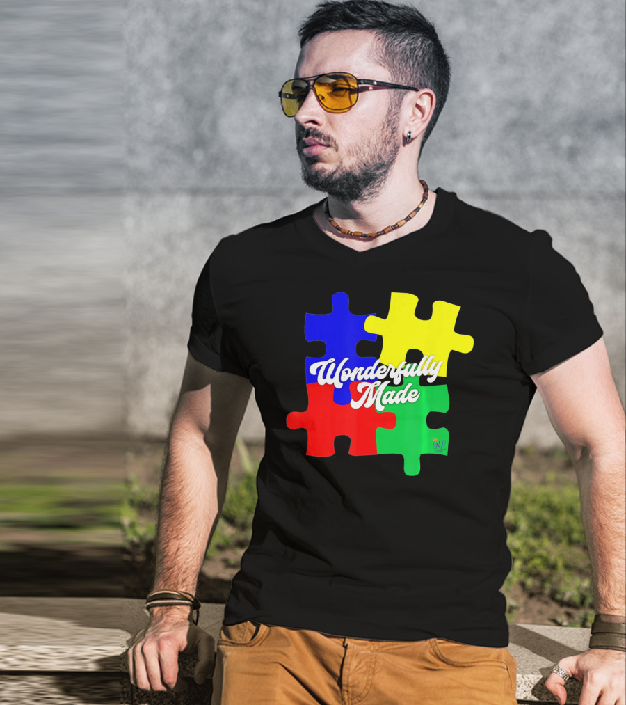 Wonderfully Made Autism Awareness Puzzle Pieces T-Shirt