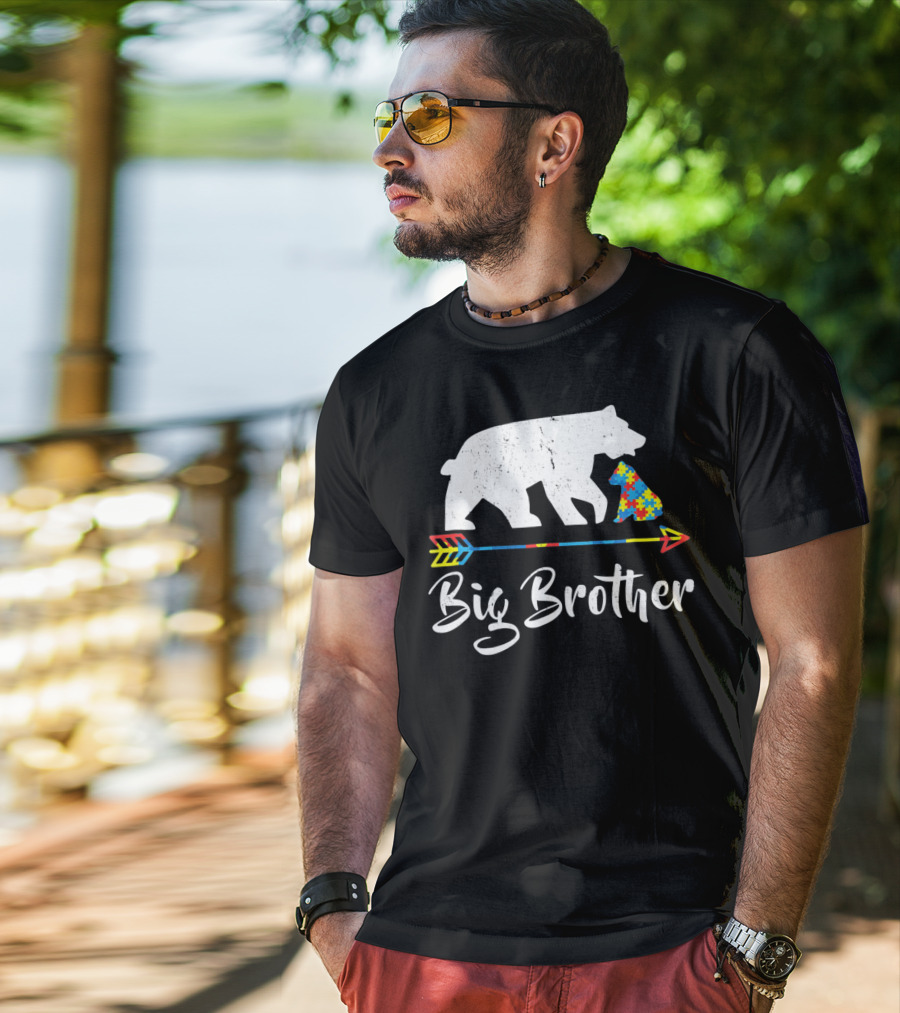 Big Brother Bear Autism Awareness Puzzle Pattern Arrow T-Shirt
