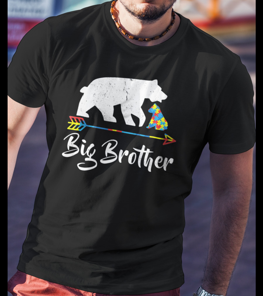 Big Brother Bear Autism Awareness Puzzle Pattern Arrow T-Shirt