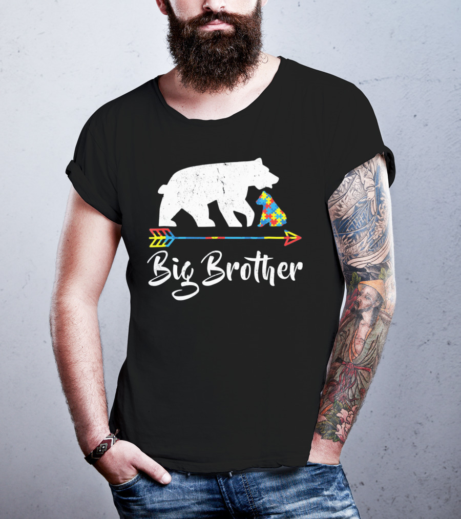 Big Brother Bear Autism Awareness Puzzle Pattern Arrow T-Shirt