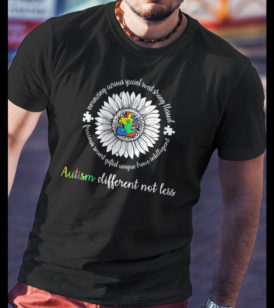 Autism Different Not Less Daisy Flower With Puzzle And Positive Words T-Shirt