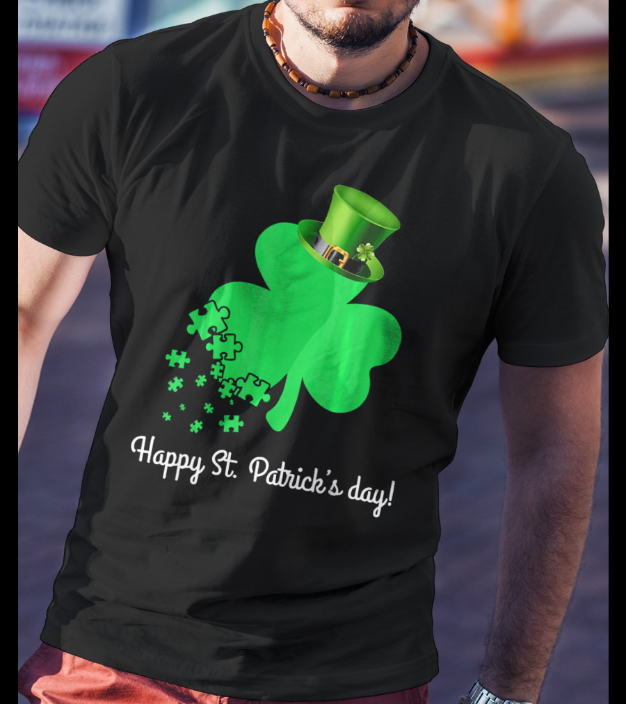 Happy St. Patrick's Day Shamrock With Puzzle Pieces Autism Awareness T-Shirt