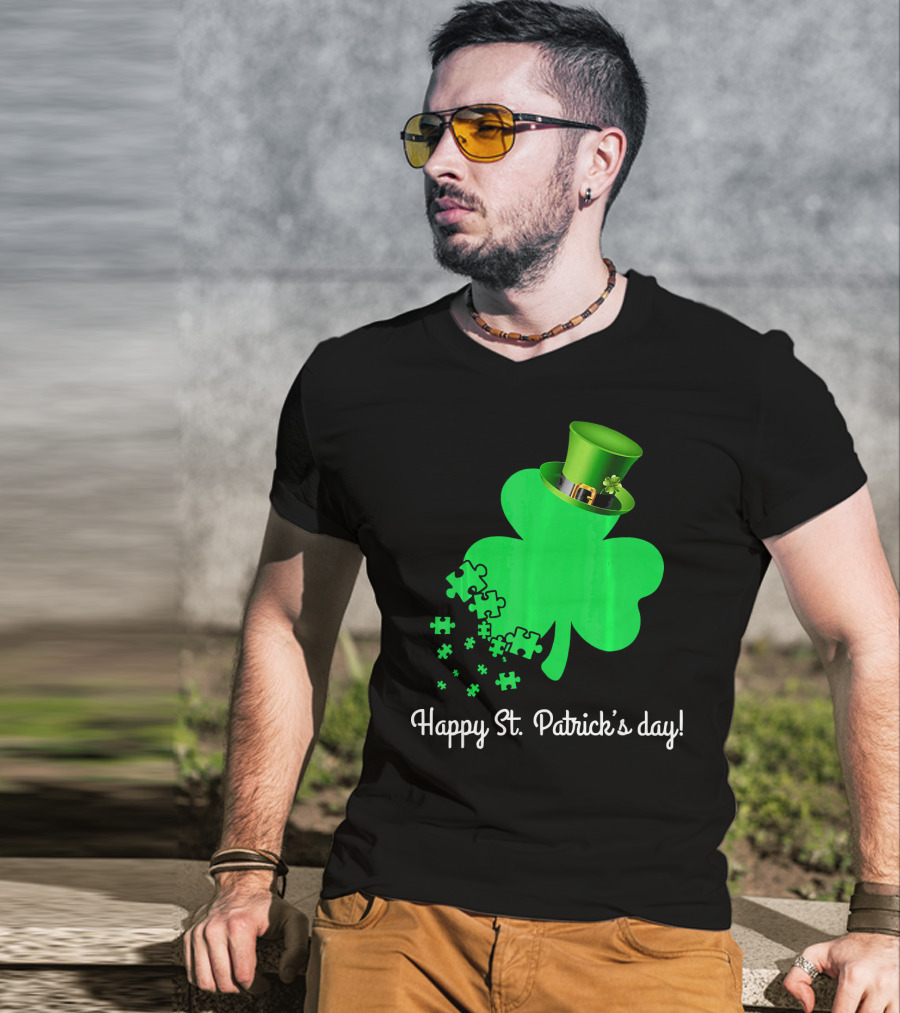 Happy St. Patrick's Day Shamrock With Puzzle Pieces Autism Awareness T-Shirt