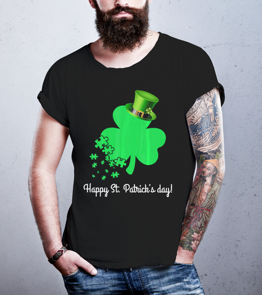 Happy St. Patrick's Day Shamrock With Puzzle Pieces Autism Awareness T-Shirt